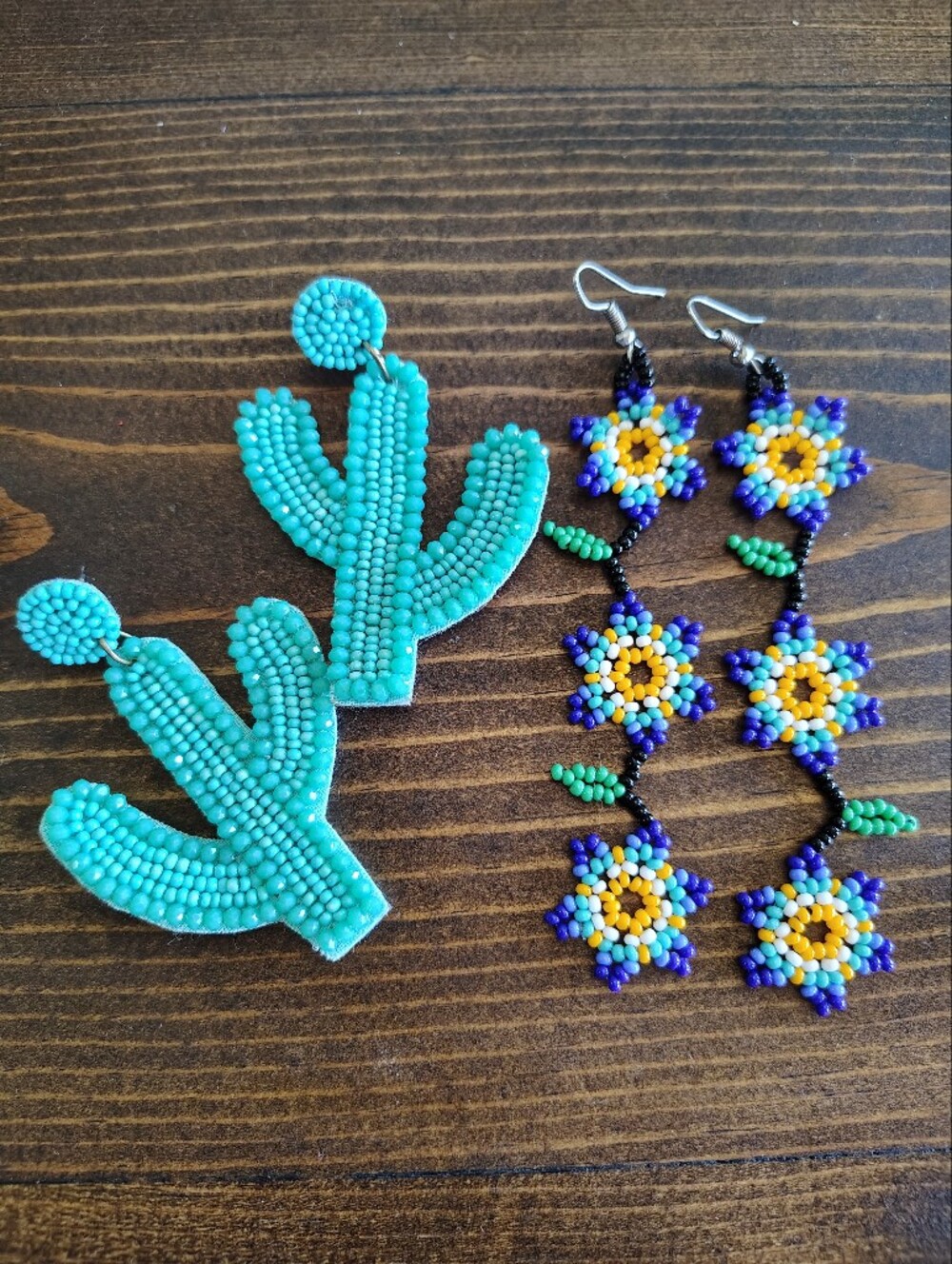 Bundle Of 2. Turquoise Beaded Cactus Earrings & Multicolor Flower Drop Earrings